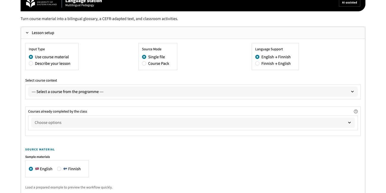 Language Station app — a UEF-branded dashboard: lesson setup with English↔Finnish support, course context, and sample academic materials